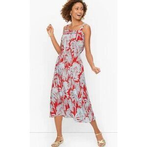 New Talbots Oasis Palm Tree Print Voile Fit & Flare Red Blue Midi Dress  P7045